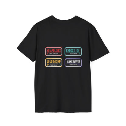 Graphic T-Shirt — Inspirational Patch Badges: “No Apologies, Choose Joy, Loud & Kind, Make Waves”