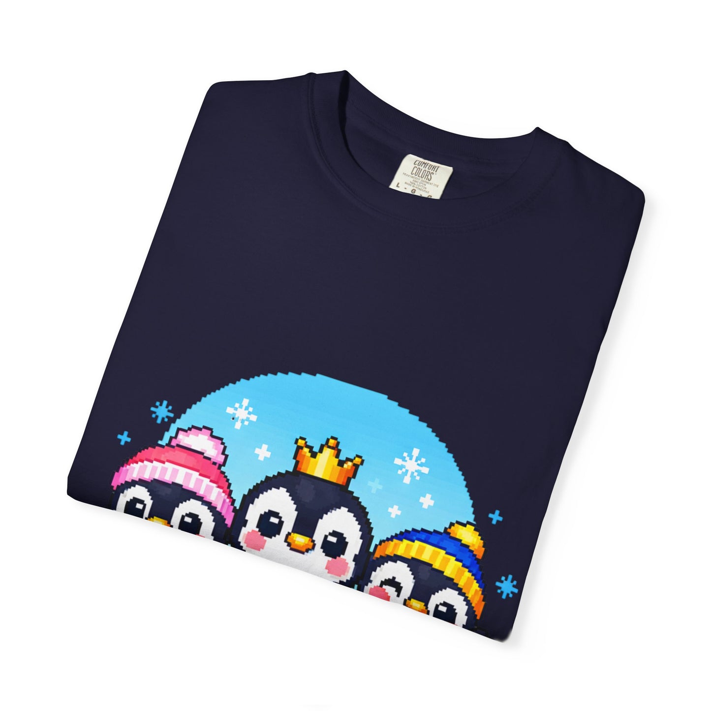 Cute Winter Penguin T‑Shirt — Three Cartoon Penguins with Crown & Scarves