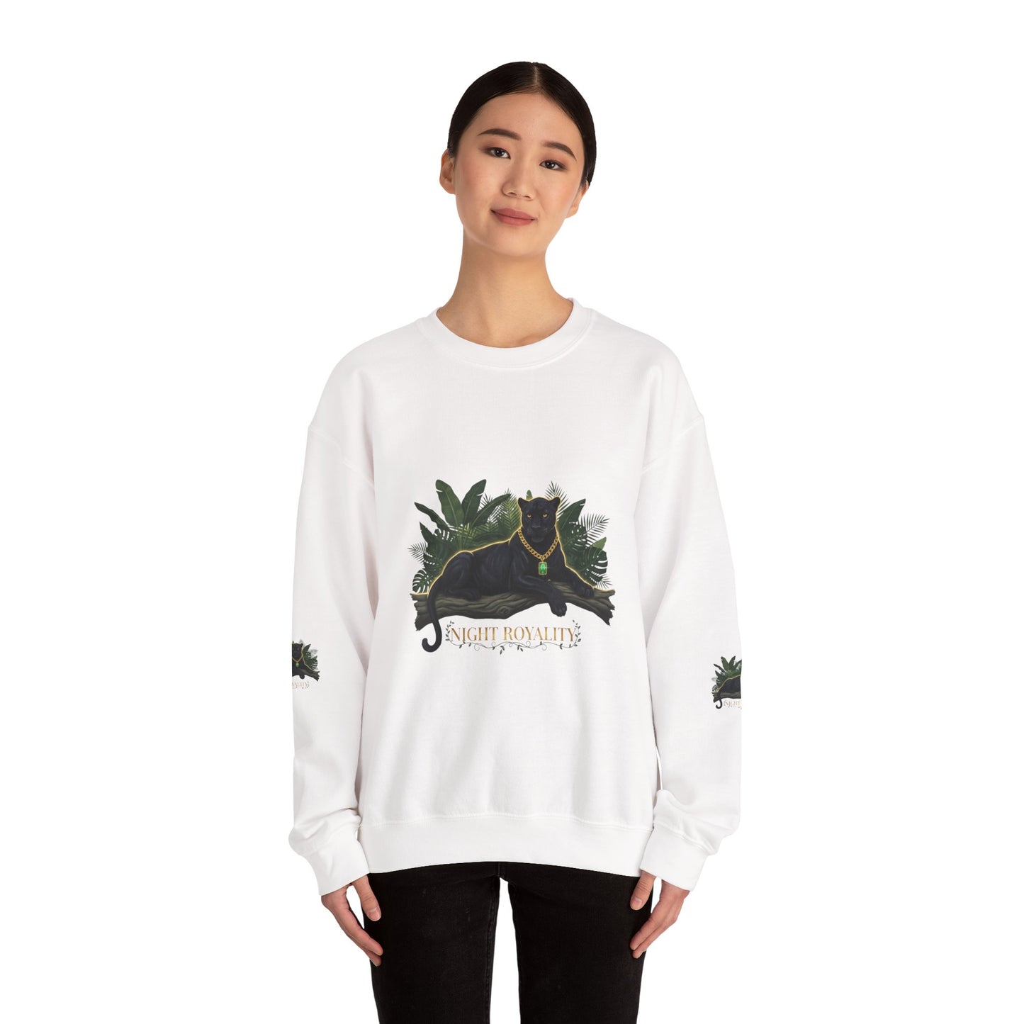 Panther Royale Crewneck Sweatshirt — "Night Royalty" Black Cat Graphic
