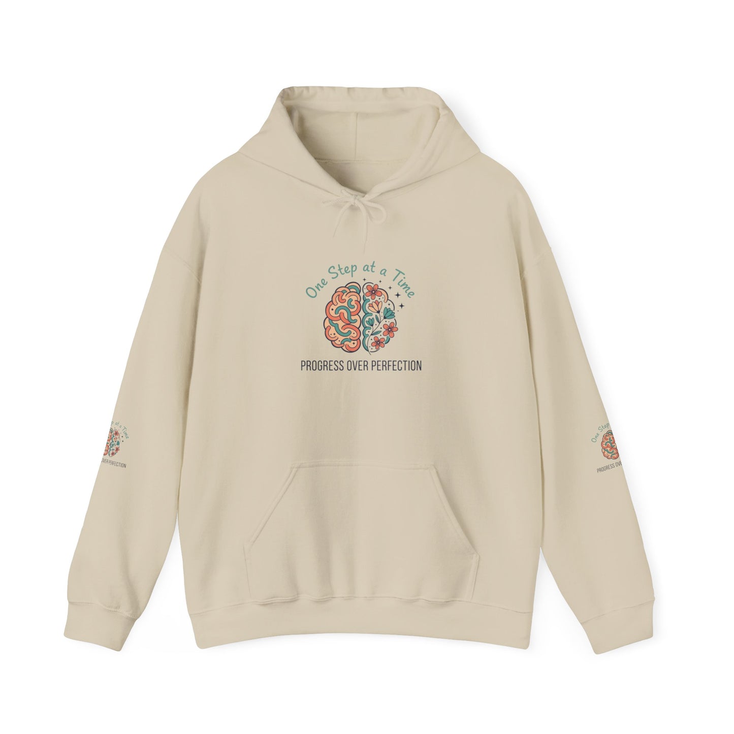 Hoodie — 'One Step at a Time' Brain & Flowers Motivational Pullover