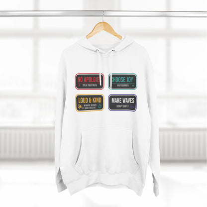 Three-Panel Message Hoodie – "No Apologies / Choose Joy / Loud & Kind / Make Waves"