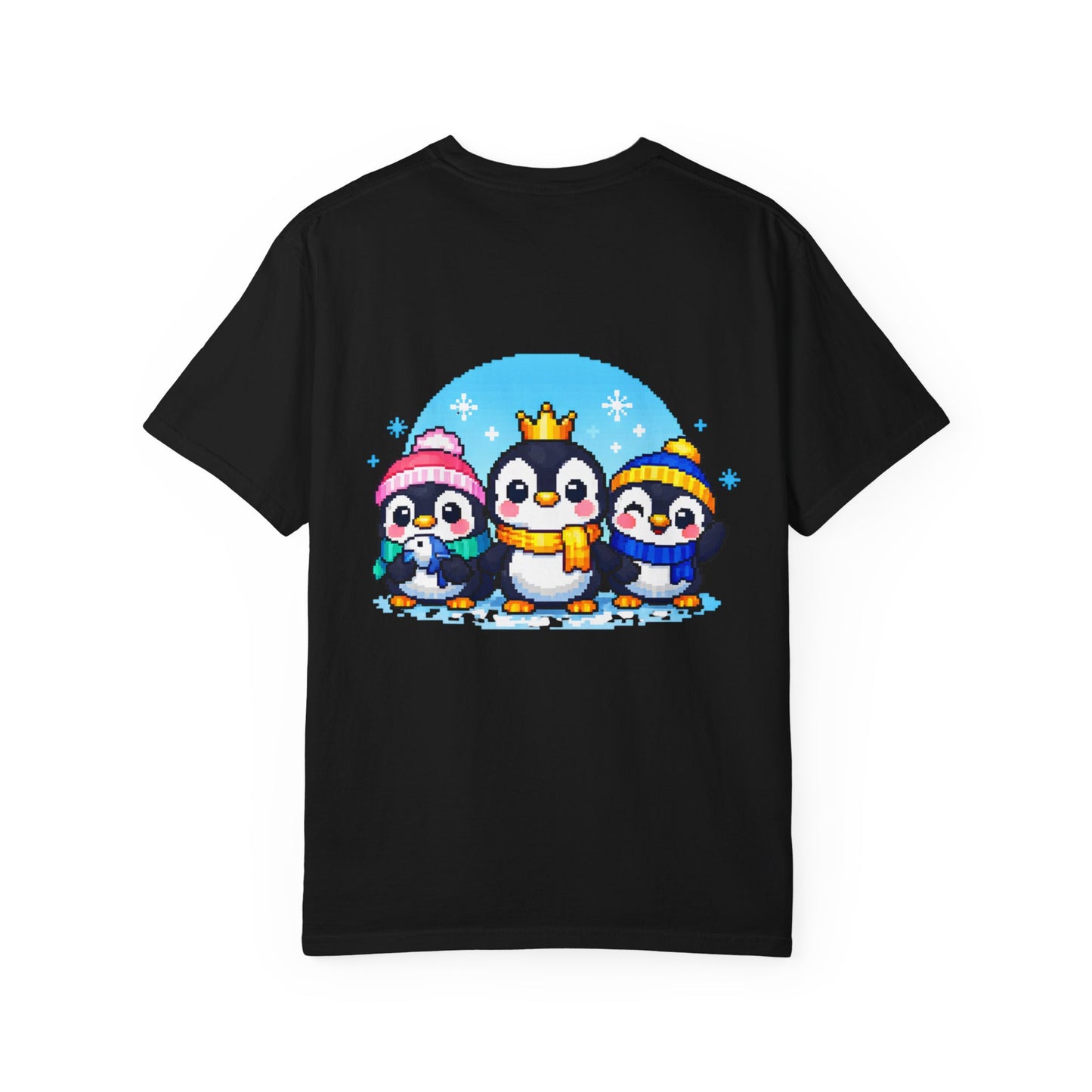 Cute Winter Penguin T‑Shirt — Three Cartoon Penguins with Crown & Scarves