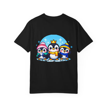Cute Winter Penguin T‑Shirt — Three Cartoon Penguins with Crown & Scarves