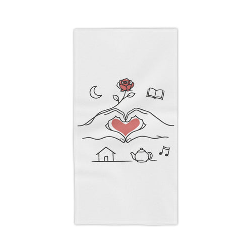 Beach Towel — Heart Hands Rose Design (Moon, Book, Tea, Home Icons)