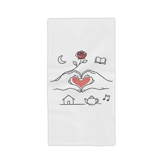 Beach Towel — Heart Hands Rose Design (Moon, Book, Tea, Home Icons)