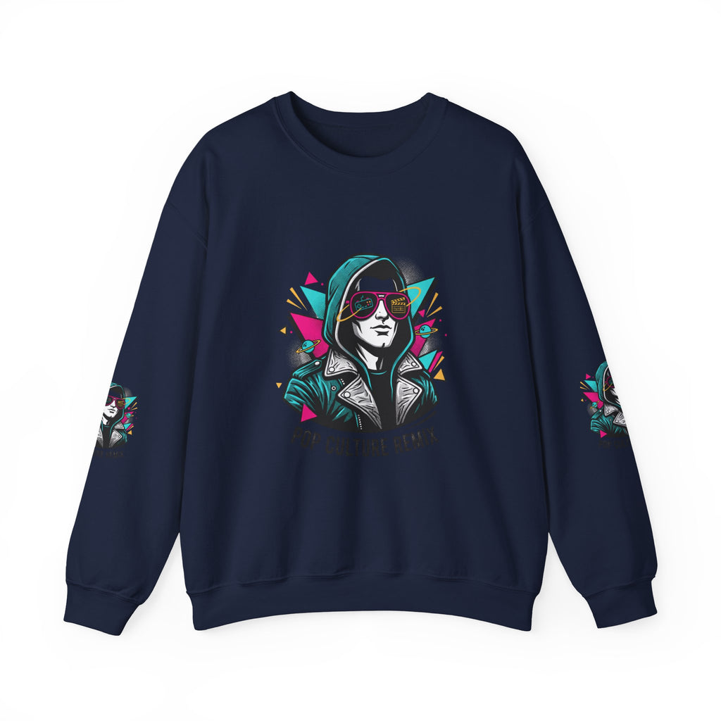 Pop Culture Remix Crewneck Sweatshirt — Retro Neon Hoodie Graphic
