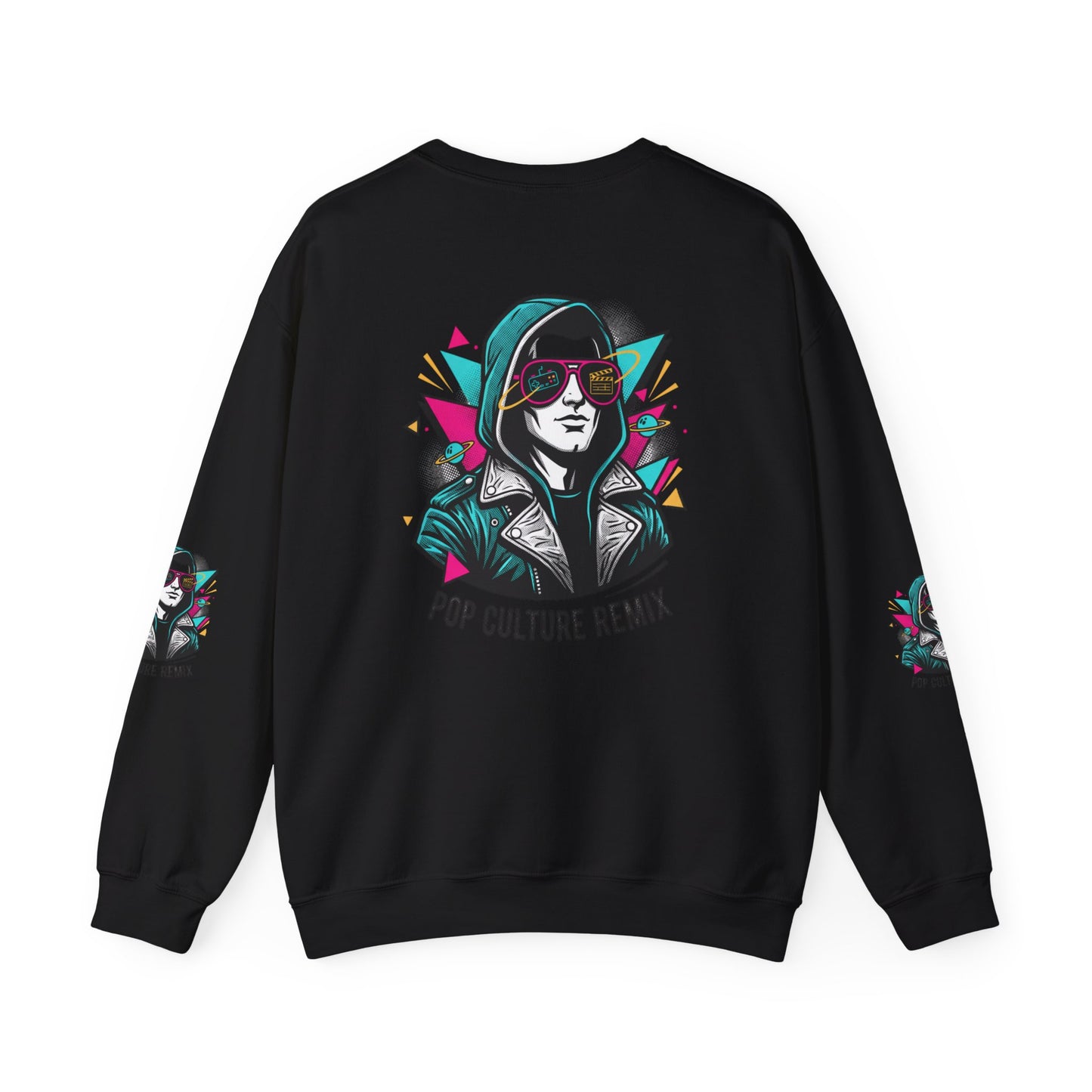 Pop Culture Remix Crewneck Sweatshirt — Retro Neon Hoodie Graphic