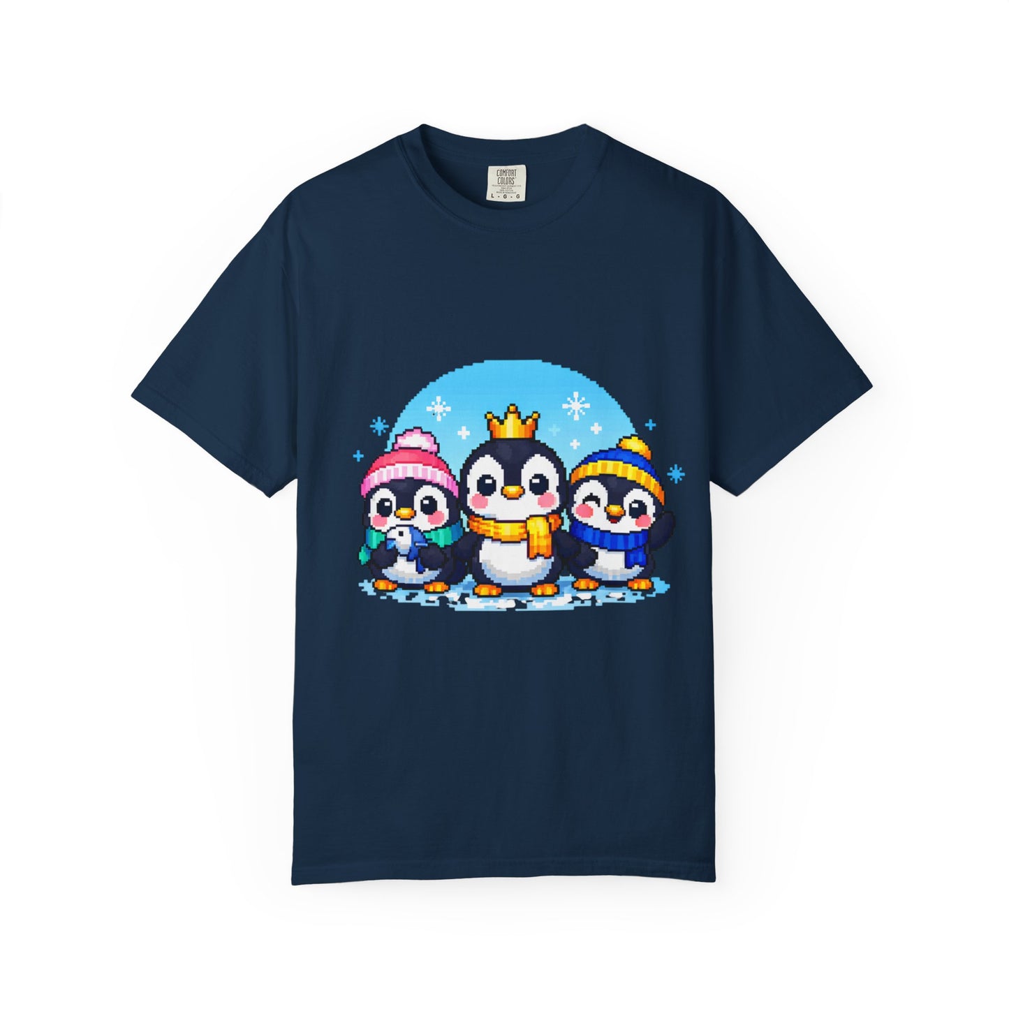 Cute Winter Penguin T‑Shirt — Three Cartoon Penguins with Crown & Scarves