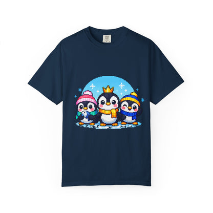 Cute Winter Penguin T‑Shirt — Three Cartoon Penguins with Crown & Scarves