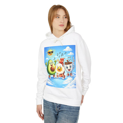 Happy Breakfast Friends Hoodie — Avocado, Egg & Coffee Cartoon Pullover