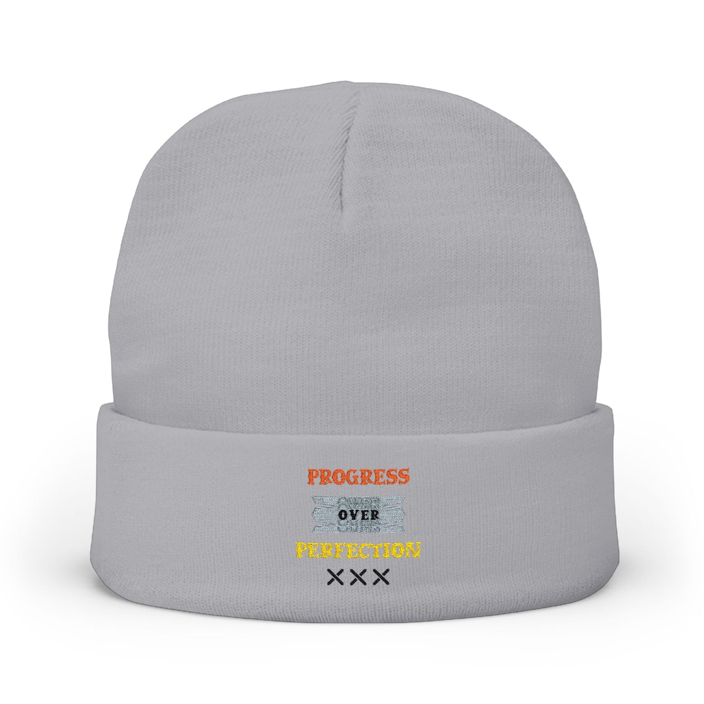 Embroidered Knit Beanie — 'Progress Over Perfection' Cozy Winter Hat