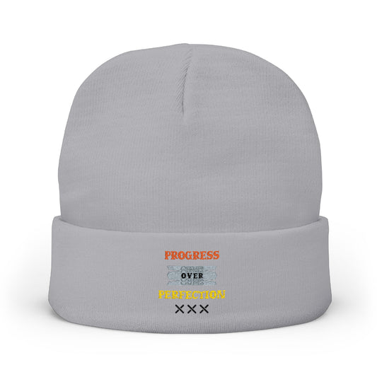 Embroidered Knit Beanie — 'Progress Over Perfection' Cozy Winter Hat Merit Sell