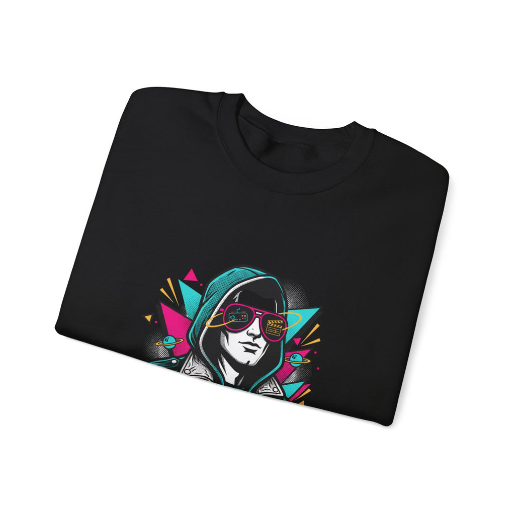 Pop Culture Remix Crewneck Sweatshirt — Retro Neon Hoodie Graphic