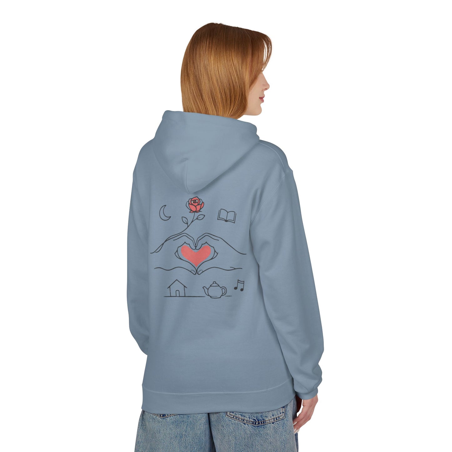 Cozy Heart & Rose Hoodie — Comfort, Home, Tea, Books Design