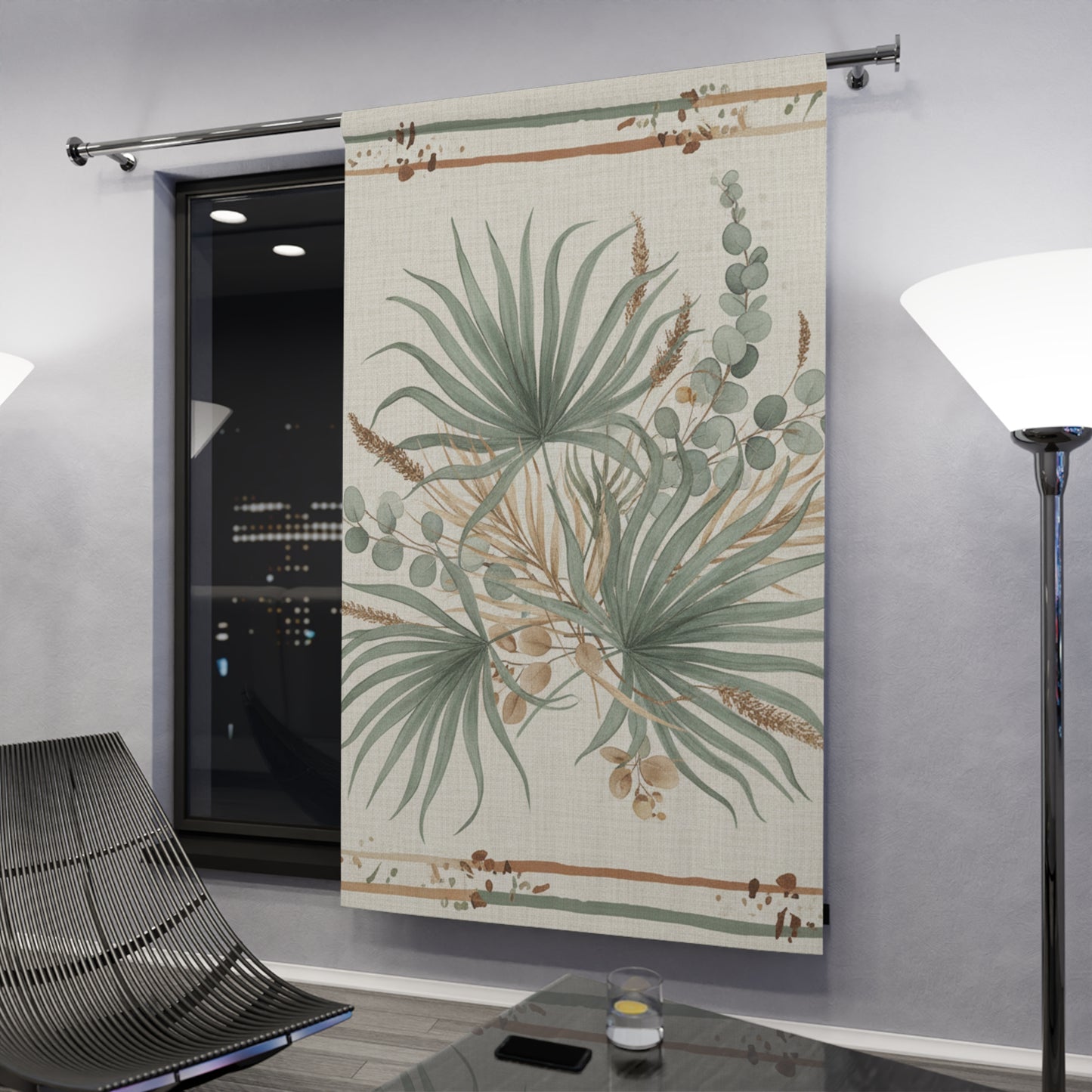 Botanical Palm Window Curtain — Neutral Green Tropical Sheer Panel