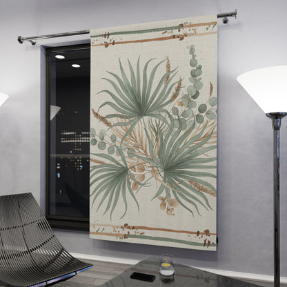 Botanical Palm Window Curtain — Neutral Green Tropical Sheer Panel