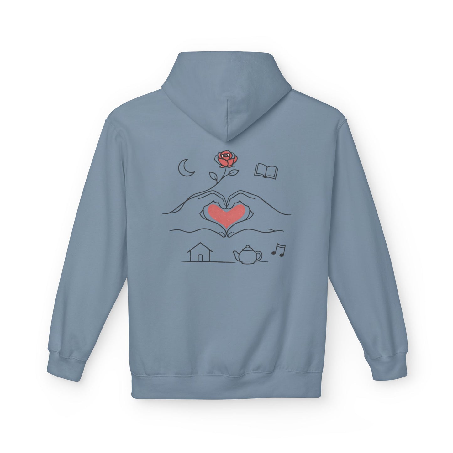 Cozy Heart & Rose Hoodie — Comfort, Home, Tea, Books Design