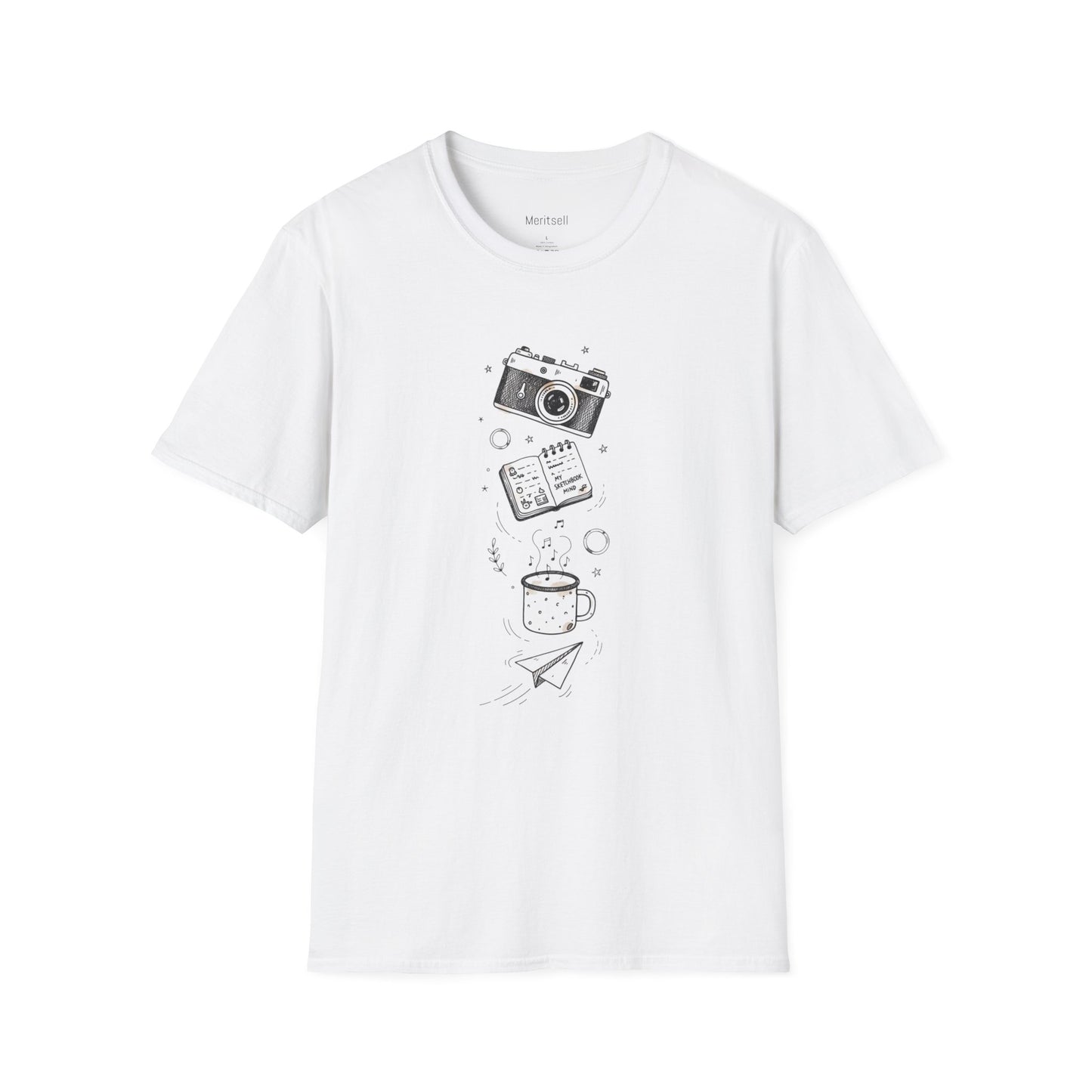 Photography & Coffee Graphic Tee — Camera, Notebook, Coffee Cup Design
