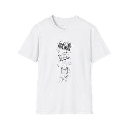 Photography & Coffee Graphic Tee — Camera, Notebook, Coffee Cup Design