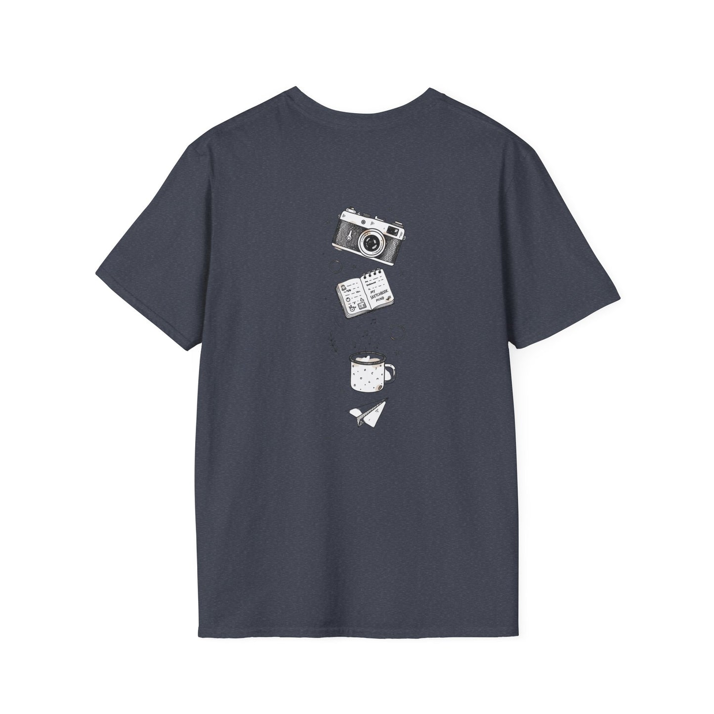 Photography & Coffee Graphic Tee — Camera, Notebook, Coffee Cup Design