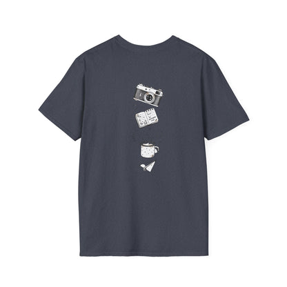 Photography & Coffee Graphic Tee — Camera, Notebook, Coffee Cup Design