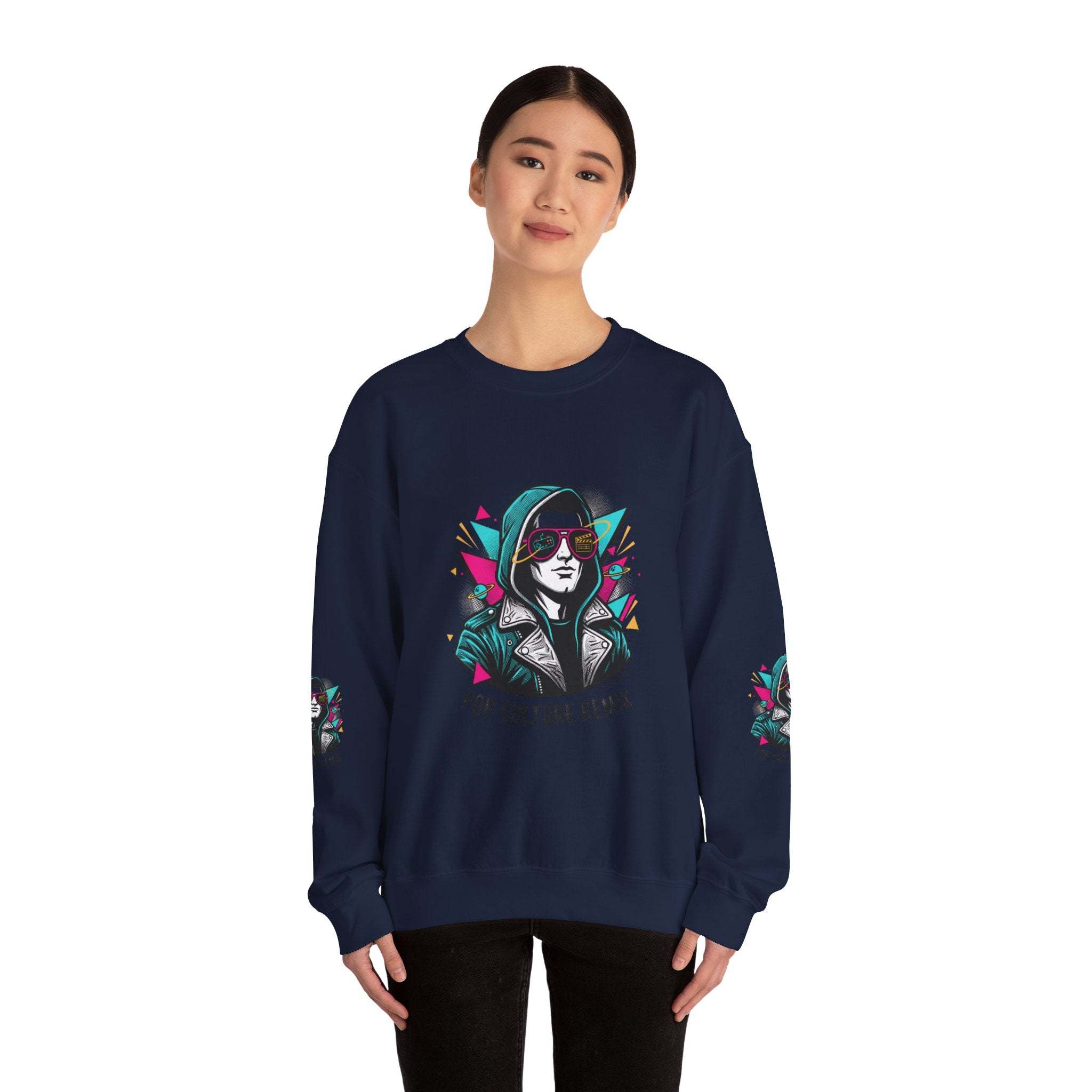 Pop Culture Remix Crewneck Sweatshirt — Retro Neon Hoodie Graphic