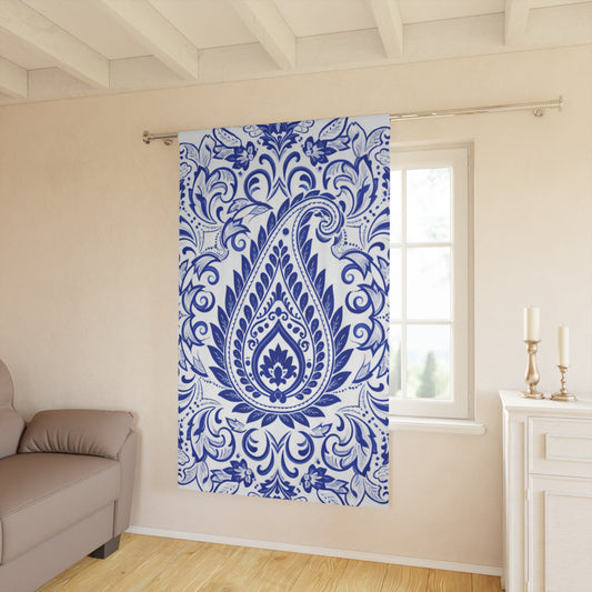 Blue Paisley Window Curtain - Boho Floral Drapery Panel