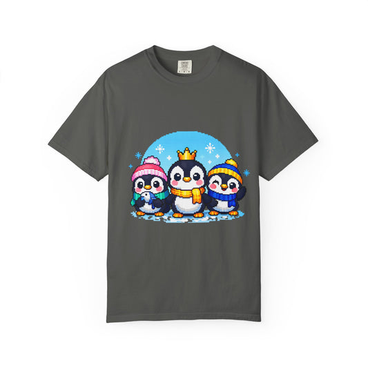 Cute Winter Penguin T‑Shirt — Three Cartoon Penguins with Crown & Scarves - Merit Sell