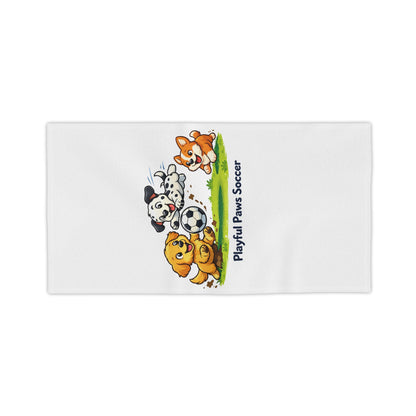 Playful Paws Soccer Beach Towel — Cute Puppies Playing Soccer Kids Towel