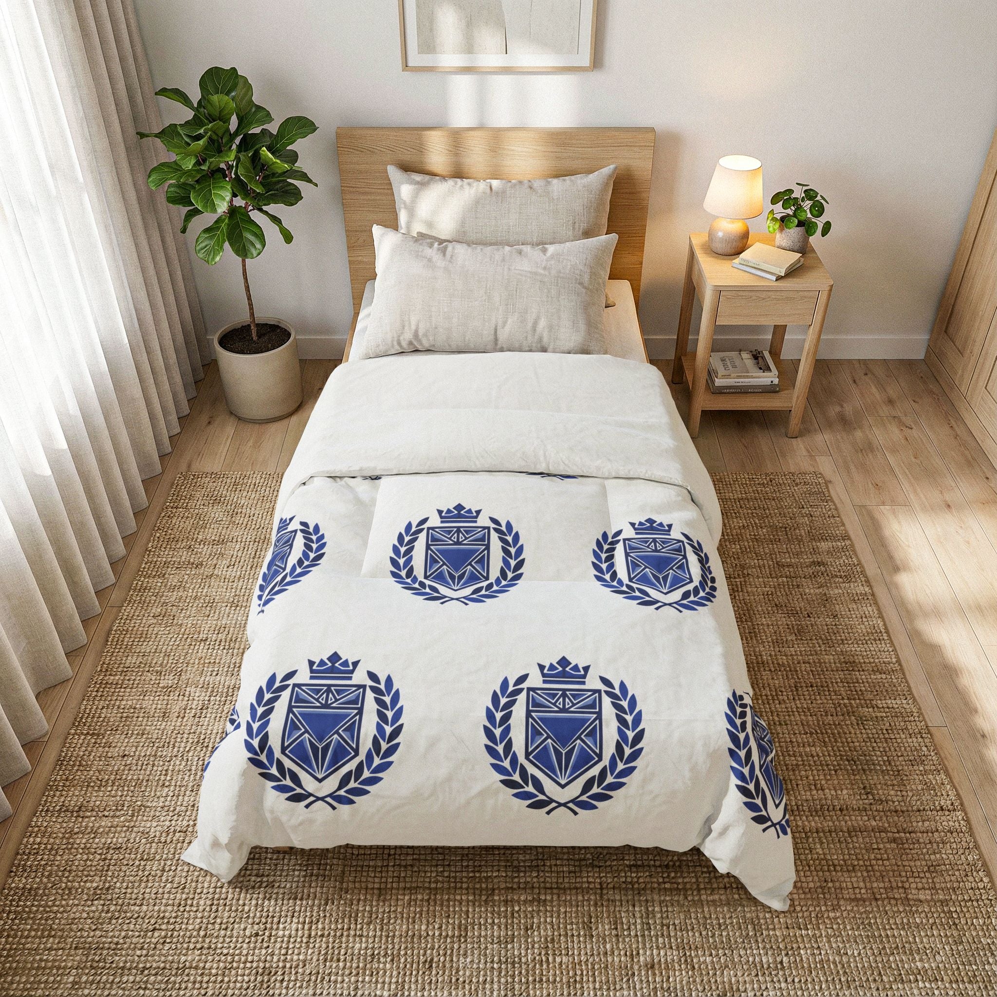 Blue Heraldic Crest Cotton Comforter — Classic Laurel & Crown Bedding