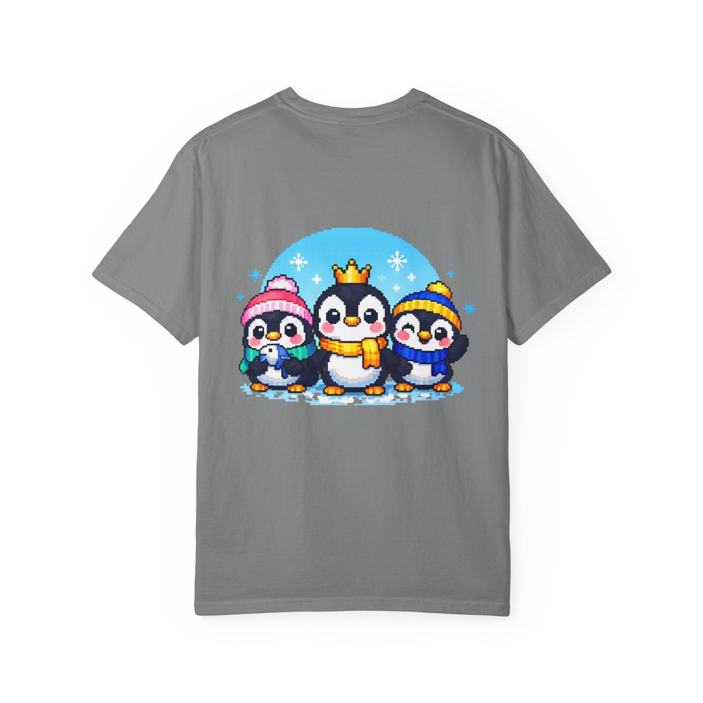 Cute Winter Penguin T‑Shirt — Three Cartoon Penguins with Crown & Scarves