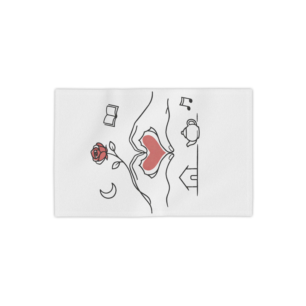 Beach Towel — Heart Hands Rose Design (Moon, Book, Tea, Home Icons)