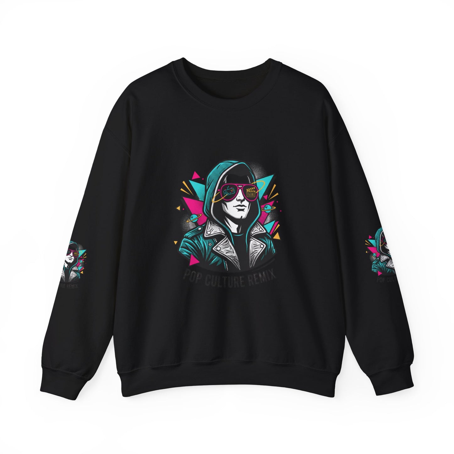 Pop Culture Remix Crewneck Sweatshirt — Retro Neon Hoodie Graphic