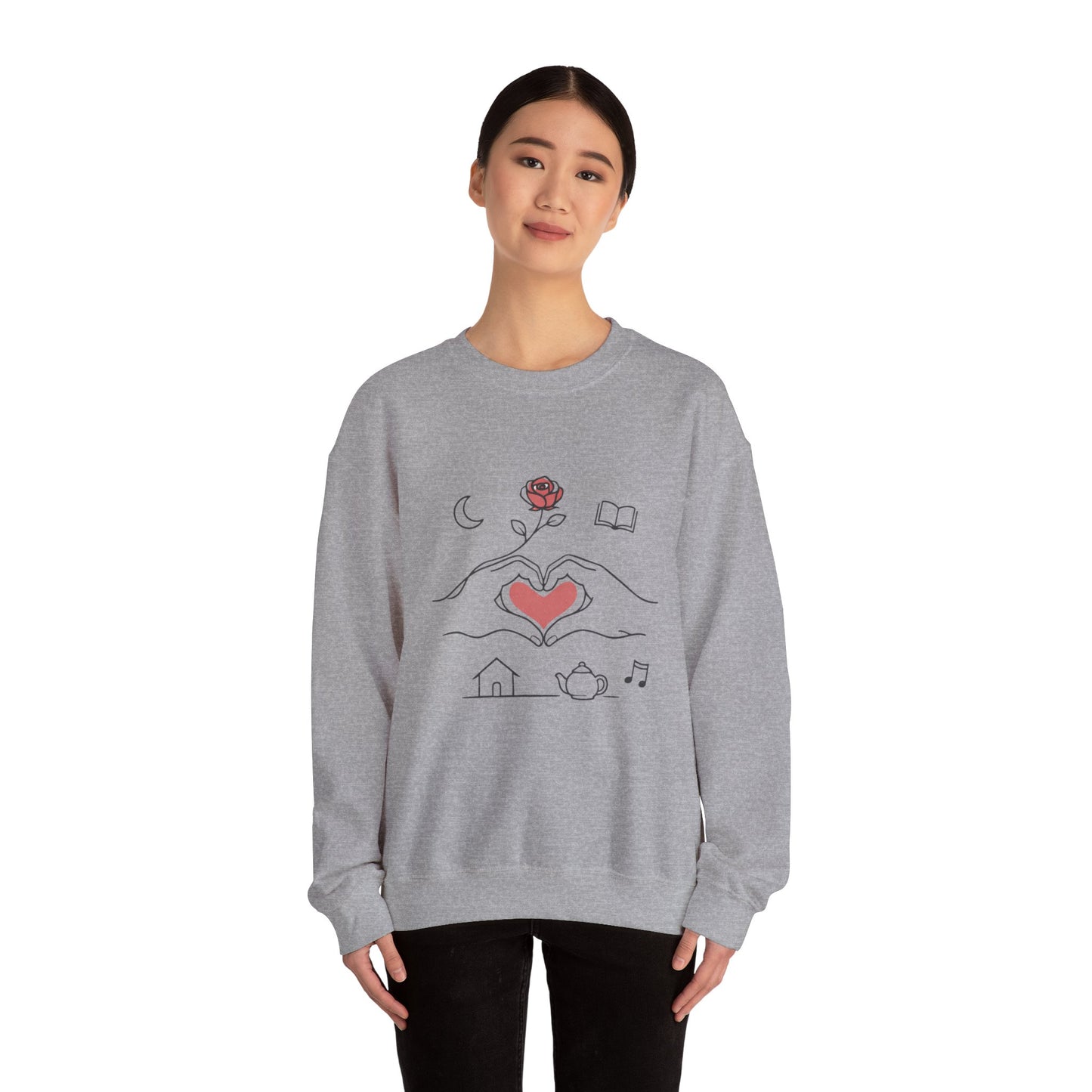 Crewneck Sweatshirt — Heart Hands Rose Illustration (Cozy Home & Self‑Care Vibe)
