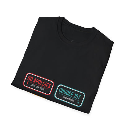 Graphic T-Shirt — Inspirational Patch Badges: “No Apologies, Choose Joy, Loud & Kind, Make Waves”