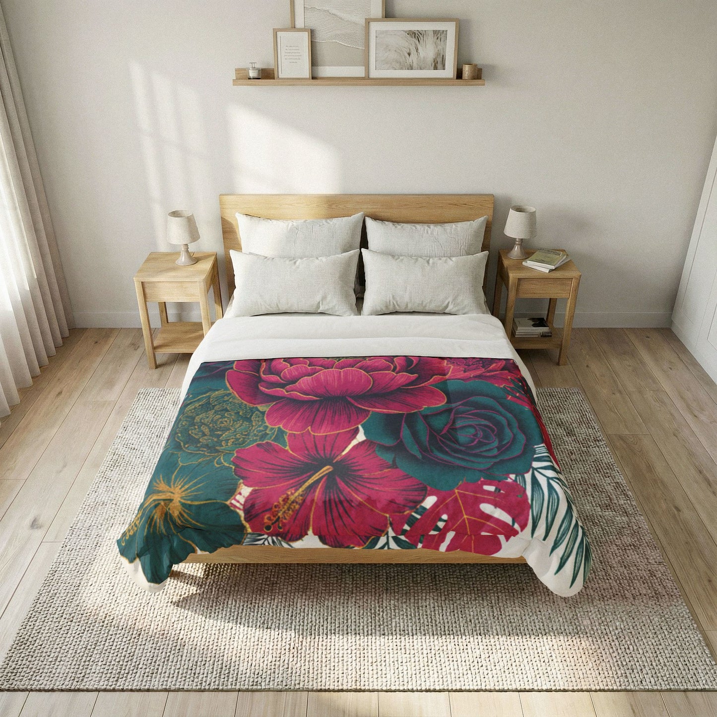 Floral Cotton Comforter - Tropical Pink & Teal Peony Bedding