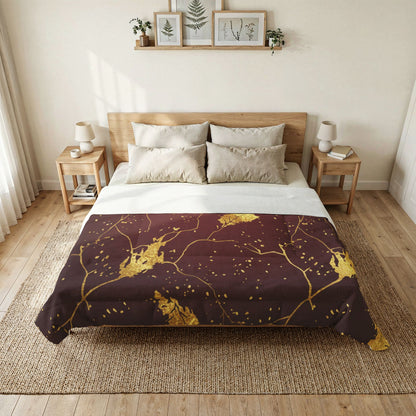 Gold Leaf Cotton Comforter - Burgundy Botanical Bedding