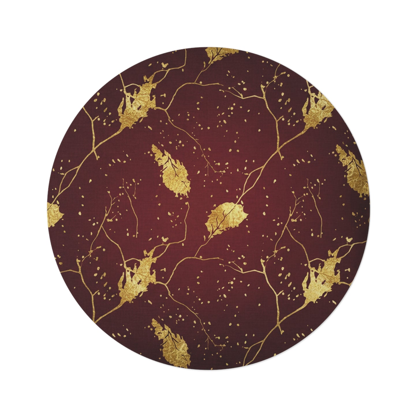 Gold Leaf Burgundy Round Rug — Elegant Boho Living Room Accent