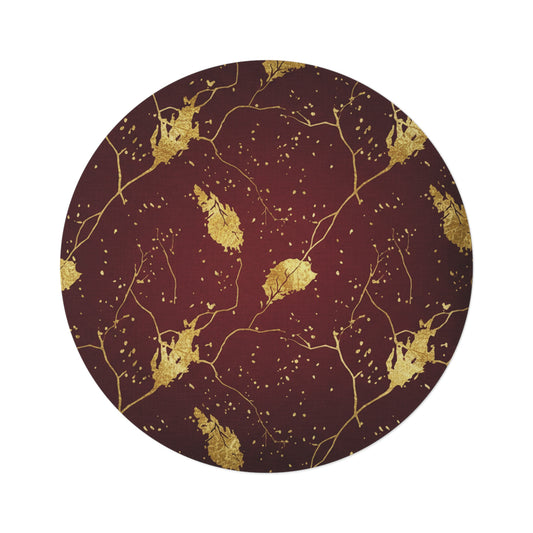 Gold Leaf Burgundy Round Rug — Elegant Boho Living Room Accent