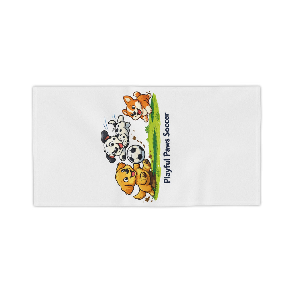 Playful Paws Soccer Beach Towel — Cute Puppies Playing Soccer Kids Towel