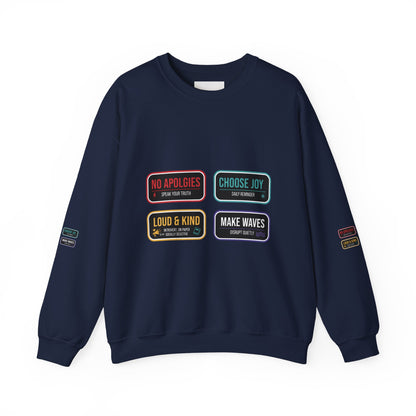 Crewneck Sweatshirt — Inspirational Patch Labels: “No Apologies • Choose Joy • Loud & Kind • Make Waves”