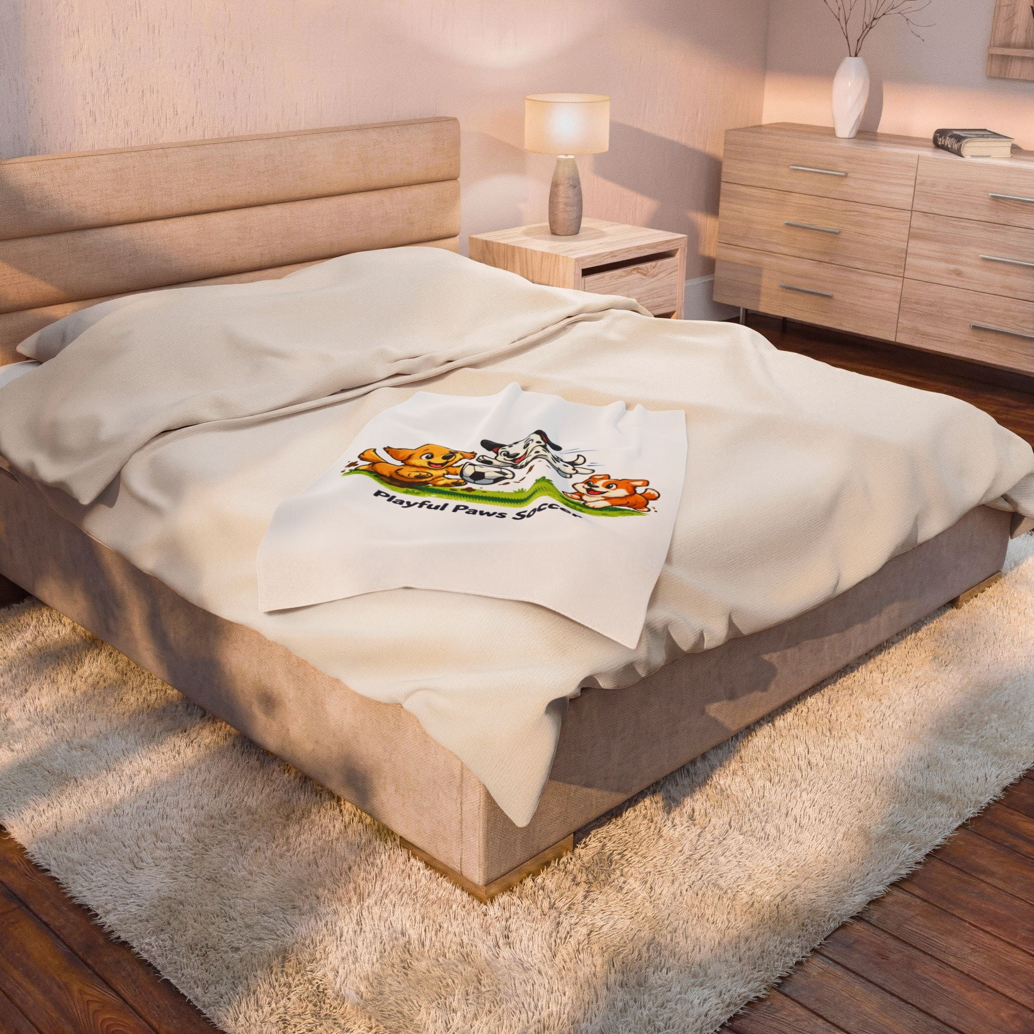 Plush Blanket - Playful Paws Soccer Cute Puppy Soccer Design