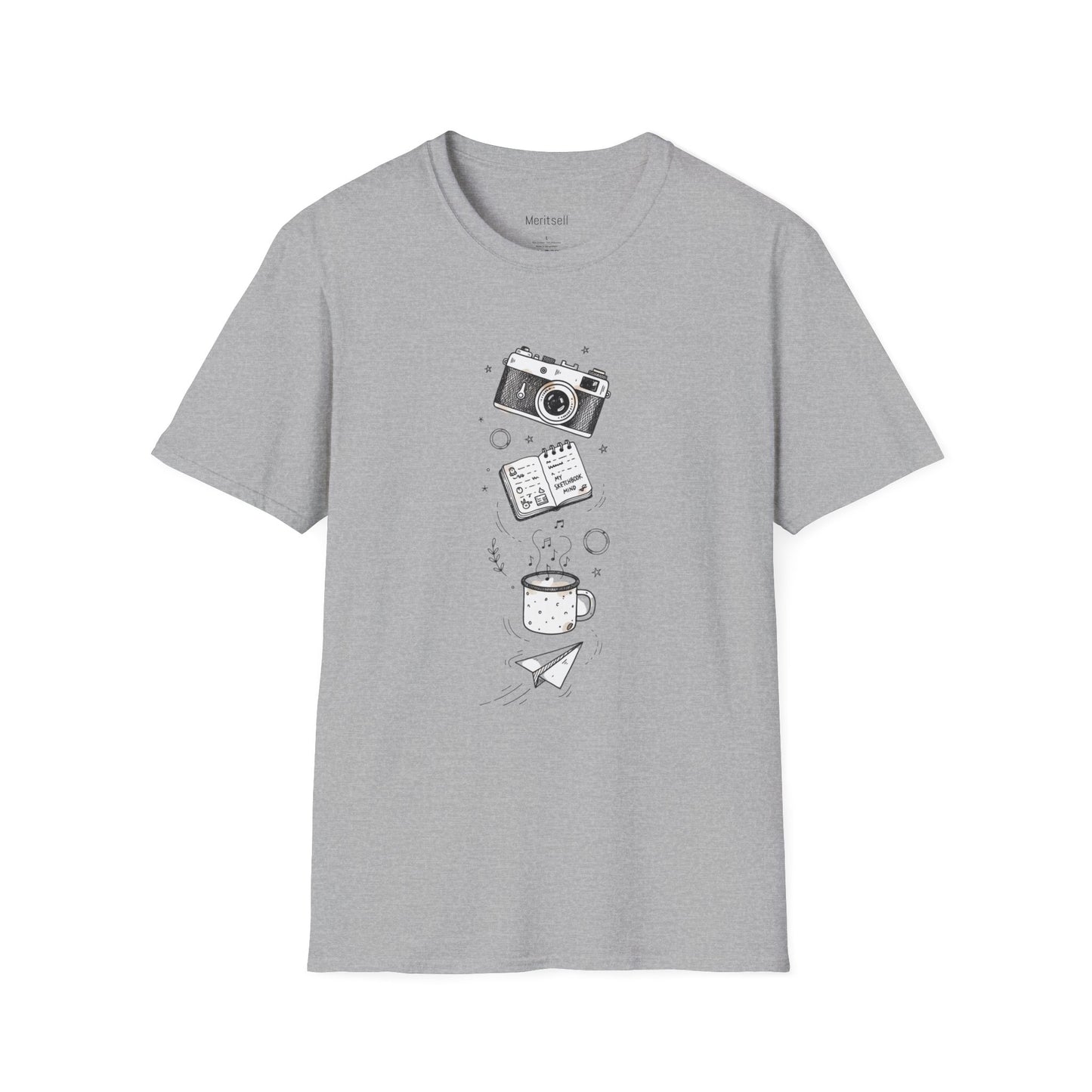 Photography & Coffee Graphic Tee — Camera, Notebook, Coffee Cup Design