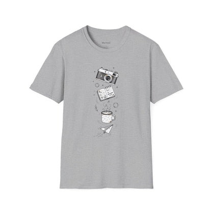 Photography & Coffee Graphic Tee — Camera, Notebook, Coffee Cup Design
