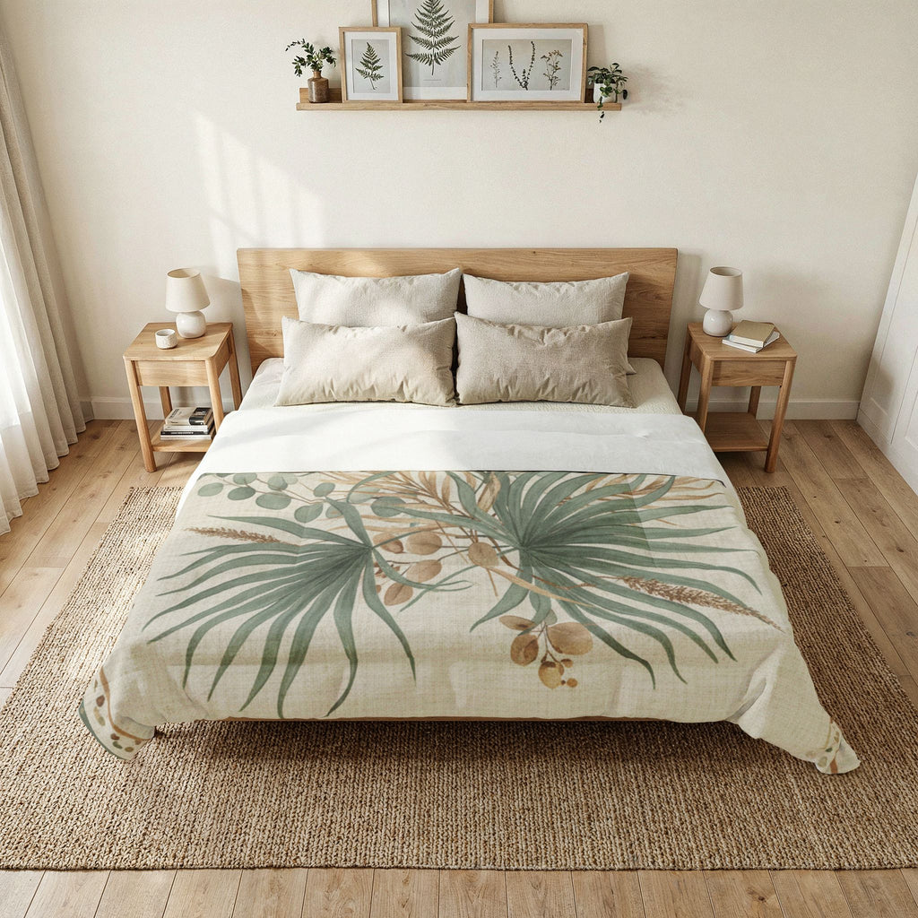 Botanical Palm Cotton Comforter – Neutral Green Leaf Bedding