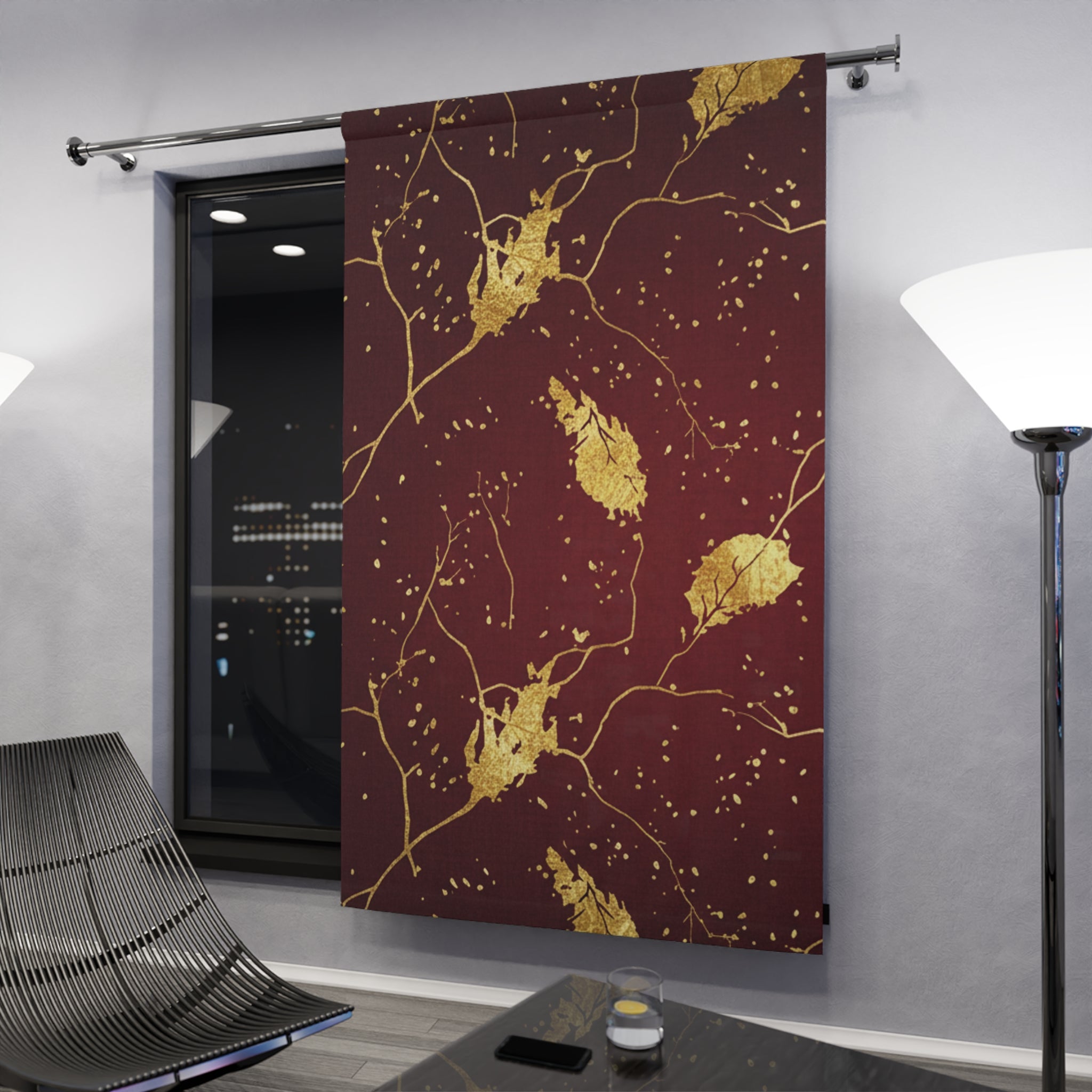 Gold Leaf Branch Window Curtain — Burgundy Drapery Panel