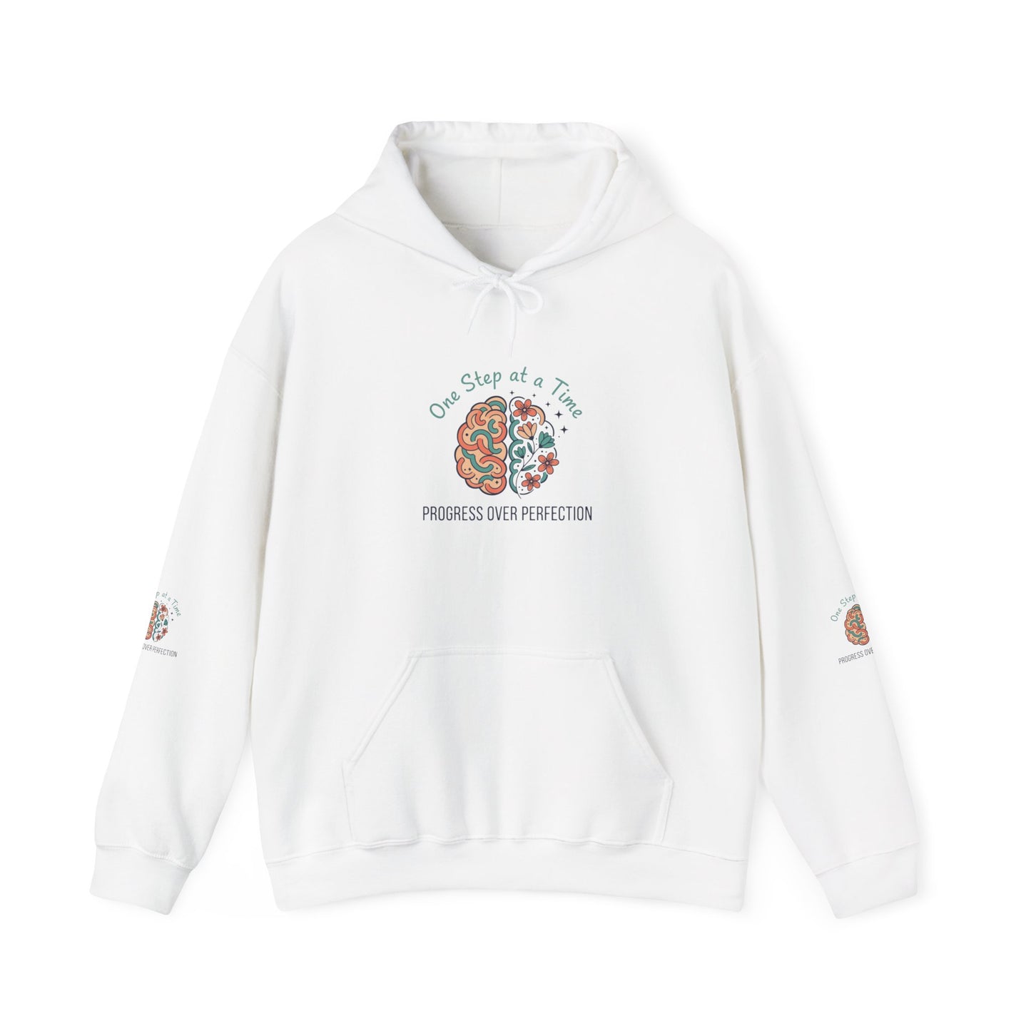 Hoodie — 'One Step at a Time' Brain & Flowers Motivational Pullover