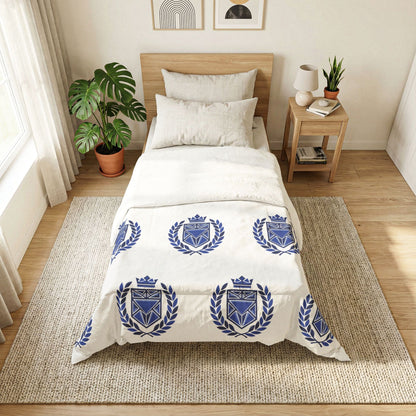 Blue Heraldic Crest Cotton Comforter — Classic Laurel & Crown Bedding
