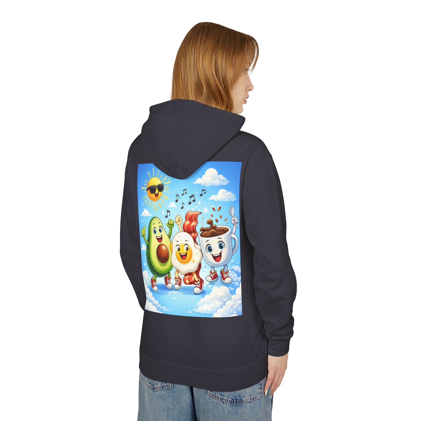 Happy Breakfast Friends Hoodie — Avocado, Egg & Coffee Cartoon Pullover
