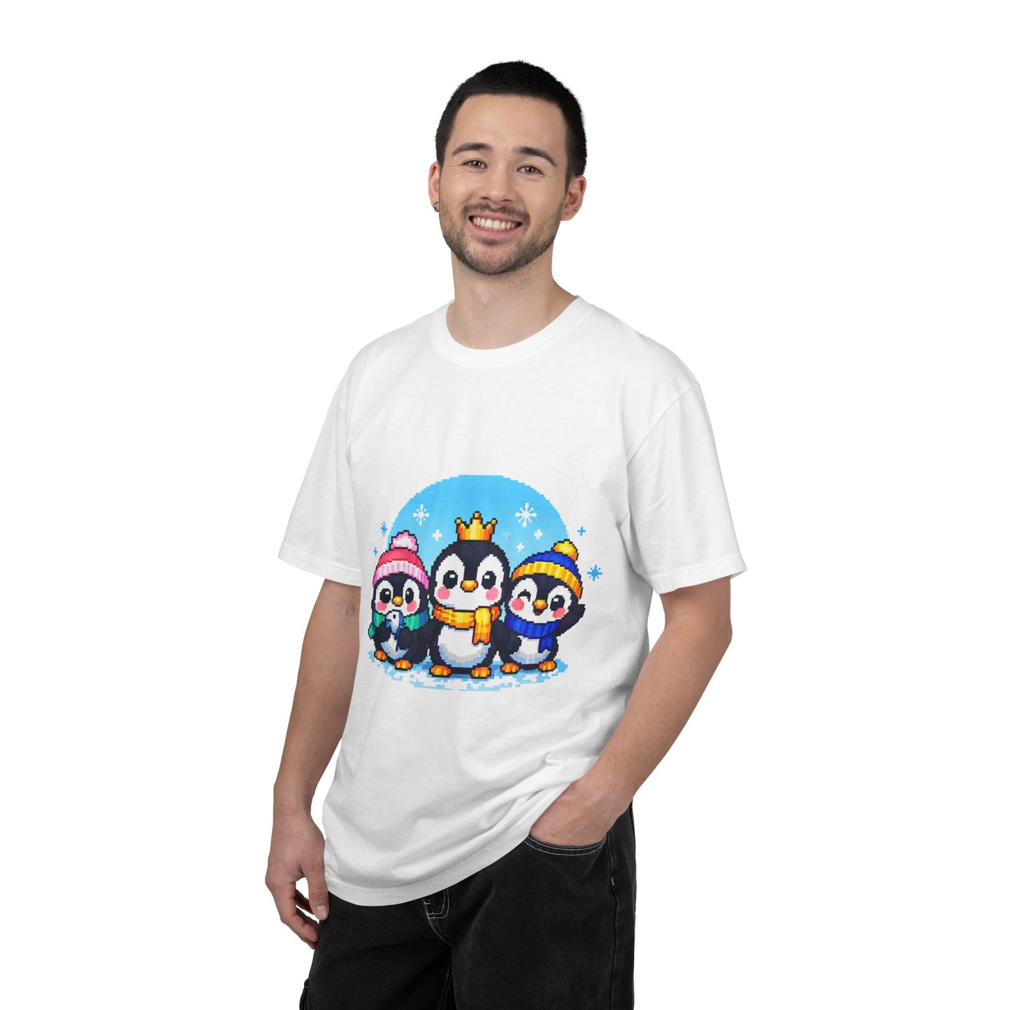 Cute Winter Penguin T‑Shirt — Three Cartoon Penguins with Crown & Scarves
